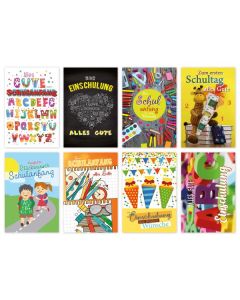 Schulanfangskarte - 100 Stück - 8 Motive - 11,5 x 17,5 cm